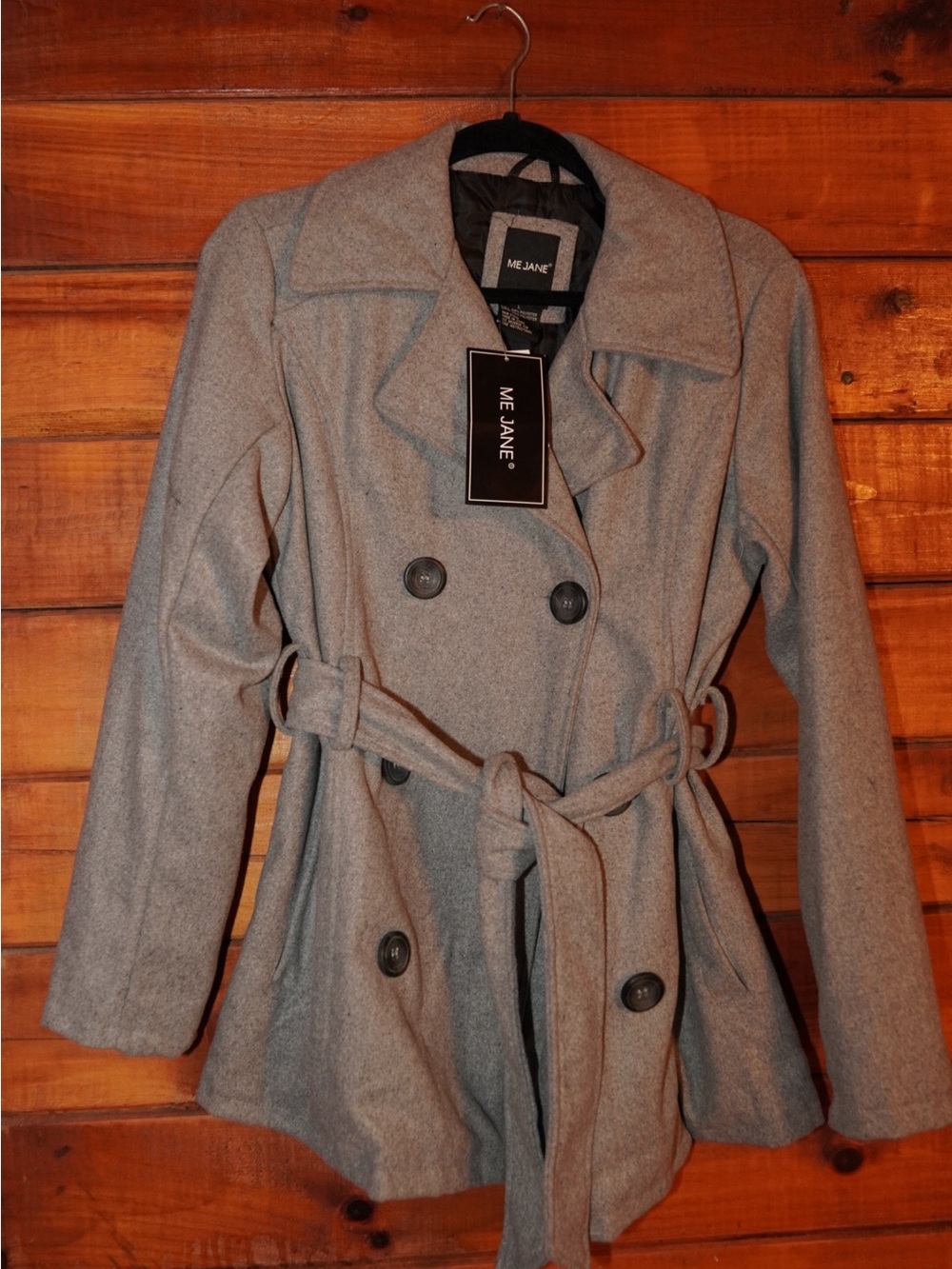 Me Jane Women's Double-Breasted Light Gray Trench Coat with Waist Tie